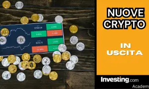 Un elenco di criptovalute con grafici e monete Bitcoin. Nuove crypto in uscita.