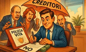 Un uomo firma una polizza vita, protetto da un ombrello "CREDITORI". Altri sono furiosi. Scopri quali sono le polizze vita impignorabili e insequestrabili.