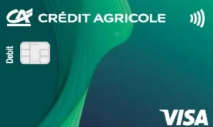 Carta di debito Visa Crédit Agricole con chip e simbolo contactless.