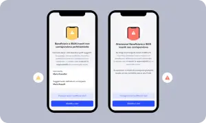 Schermate di un'app bancaria che avvisano di discrepanze tra beneficiario e IBAN. L'utente deve decidere se proseguire o modificare i dati per il bonifico.