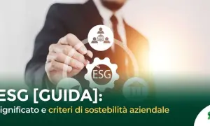 Uomo d'affari che indica un ingranaggio con la scritta ESG, simbolo di finanza sostenibile e criteri di sostenibilità aziendale.