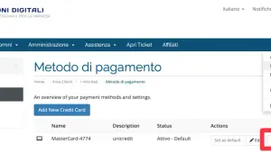 Pagina "Metodo di pagamento" con un pulsante "Delete" evidenziato, per rimuovere un accredito su carta di credito.