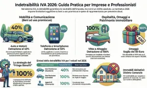 Guida IVA 2026: auto 40%, telefonia 50%, vitto/alloggio 100%. Omaggi sotto 50€ detraibili. Spese di rappresentanza con limiti.