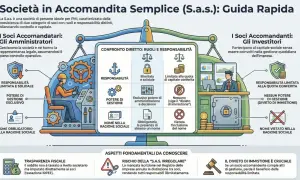 Schema che illustra la S.a.s. (società di persone) con ruoli e responsabilità distinti tra soci amministratori e investitori.