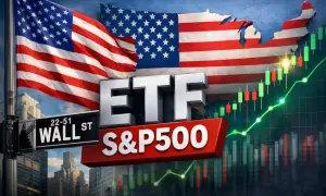 ETF S&P500, bandiera USA, Wall Street e grafici indici americani borsa in crescita.