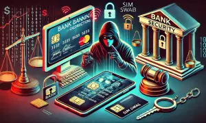 Illustrazione di un hacker che ruba dati bancari, con simboli di giustizia e sicurezza. Guida su come recuperare soldi truffati con bonifico.