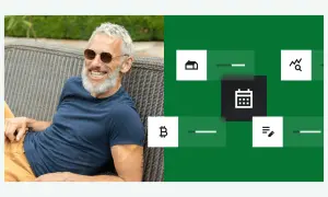 Uomo sorridente con occhiali da sole, accanto a icone che suggeriscono investire a breve termine: casa, Bitcoin, calendario, grafico.