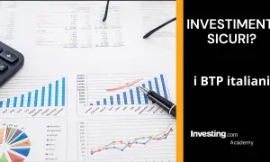 Grafici finanziari, calcolatrice e penna indicano come investire oggi nei BTP italiani per rendimenti sicuri.