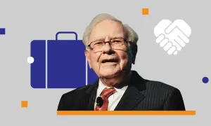 Warren Buffett, icona di investimenti, illustra il metodo Warren Buffett con simboli di valigetta e stretta di mano.