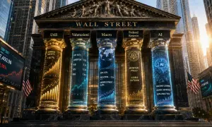 Il mercato americano oggi: la Borsa di Wall Street con colonne digitali che mostrano dati su utili, valutazioni, macroeconomia, Federal Reserve e AI.