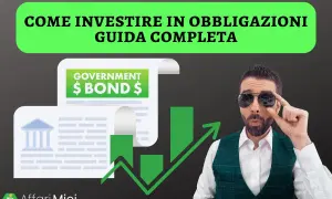 Uomo con occhiali da sole spiega come funzionano le obbligazioni, con grafici e documento "Government Bond".