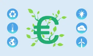 Simbolo euro verde con germogli, circondato da icone di riciclo, termometro, pianeta, lampadina, CO2 e turbina eolica. Investire in **fondi SRI** per un futuro sostenibile.