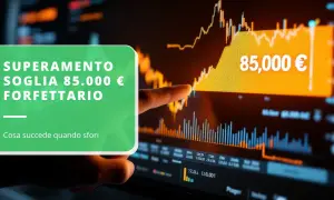 Superamento soglia 85.000 € forfettario: cosa succede quando sfori il limite? Grafico finanziario con indicatore di superamento.