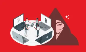 Persone discutono di criptovalute, con un laptop che mostra il simbolo di Bitcoin. Un'ombra minacciosa incombe, suggerendo i criptovalute rischi.