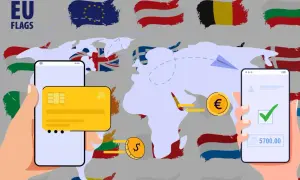 Mani che usano smartphone per bonifici internazionali. Bandiere UE e mappa del mondo suggeriscono transazioni europee, forse con bper problemi bonifici.
