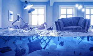 Un soggiorno allagato con mobili e oggetti che galleggiano. Un promemoria che l'assicurazione casa in affitto obbligatoria protegge da imprevisti.