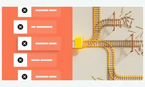Un grafico mostra un bivio ferroviario disordinato, con binari spezzati e un blocco giallo, che simboleggia un profilo finanziario complesso e inatteso.