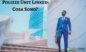 Uomo in abito blu sale le scale, con testo "Polizze Unit Linked: Cosa Sono?".