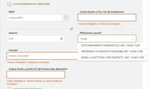 Compilazione di un bonifico parlante per detrazioni fiscali. Campi per IBAN, importo, causale e codice fiscale.