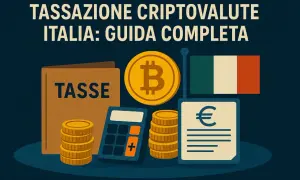 Guida alla tassazione criptovalute in Italia: calcolatrice, monete, Bitcoin, bandiera italiana e documento con simbolo euro.