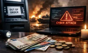 In caso di guerra, i soldi in banca che fine fanno? ATM fuori uso, attacco cyber su laptop, soldi e monete sul tavolo, candela accesa e fiamme sullo sfondo.
