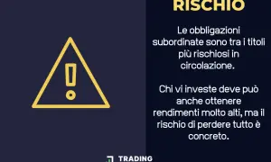 Triangolo giallo con punto esclamativo, simbolo di attenzione. Testo: "RISCHIO. Le obbligazioni subordinate sono tra i titoli più rischiosi. Chi vi investe può ottenere alti rendimenti, ma il rischio di perdere tutto è concreto.