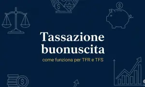 Tassazione buonuscita: come funziona per il TFR in banca. Icone di bilancia, salvadanaio, monete e grafico.