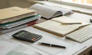 Scrivania con documenti, calcolatrice, tastiera e penne. Si sta calcolando la percentuale TFR per una busta paga.