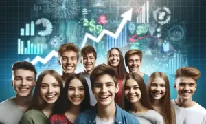 Giovani sorridenti con grafici finanziari e freccia in crescita sullo sfondo. Un futuro luminoso grazie all'investire per i figli.
