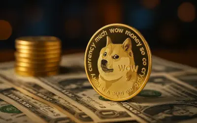 Moneta Doge coin dorata con cane sorridente, su banconote e pile di monete. "Wow, such currency, much money, so crypto!