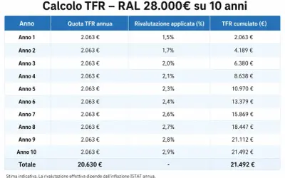 Tabella che illustra il calcolo del TFR su 10 anni con RAL 28.000€, mostrando la quota annua, la rivalutazione e il TFR cumulato.