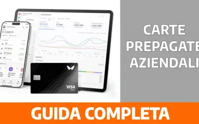 A black Visa debit card and a tablet displaying financial data and charts. Text reads "CARTE PREPAGATE AZIENDALI GUIDA COMPLETA".