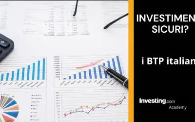 Grafici finanziari, calcolatrice e penna indicano come investire oggi nei BTP italiani per rendimenti sicuri.