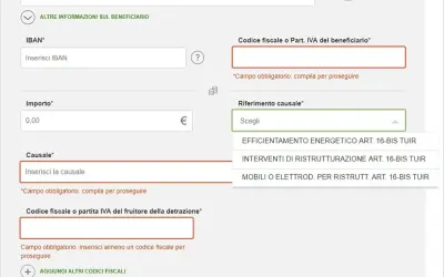 Compilazione di un bonifico parlante per detrazioni fiscali. Campi per IBAN, importo, causale e codice fiscale.