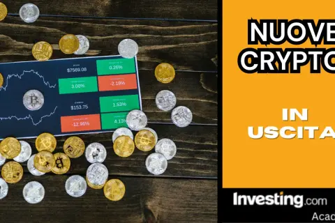 Un elenco di criptovalute con grafici e monete Bitcoin. Nuove crypto in uscita.