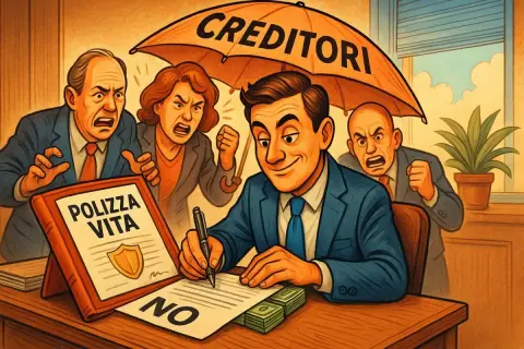 Un uomo firma una polizza vita, protetto da un ombrello "CREDITORI". Altri sono furiosi. Scopri quali sono le polizze vita impignorabili e insequestrabili.