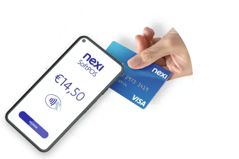 Pagamento contactless con Nexi SoftPOS: una mano avvicina una carta Visa a uno smartphone con importo €14,50 visualizzato.