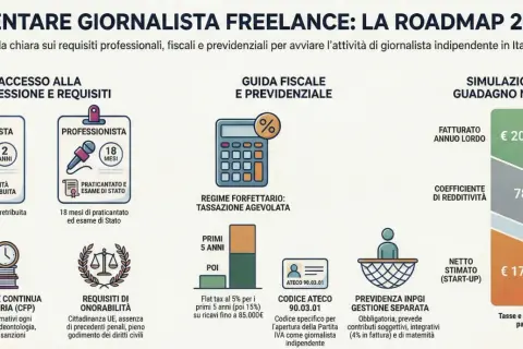 Guida per diventare giornalista freelance: requisiti, regime forfettario, gestione separata assicurazioni e simulazione guadagno netto.