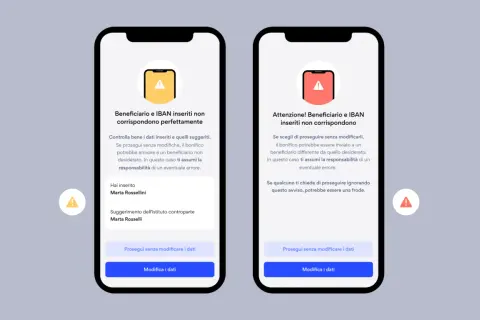 Schermate di un'app bancaria che avvisano di discrepanze tra beneficiario e IBAN. L'utente deve decidere se proseguire o modificare i dati per il bonifico.