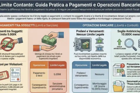 Guida ai pagamenti: limite 5.000€ per contanti tra privati. Operazioni bancarie libere, ma attenzione alla soglia antiriciclaggio di 10.000€ mensili.