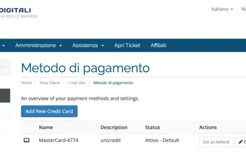Pagina "Metodo di pagamento" con un pulsante "Delete" evidenziato, per rimuovere un accredito su carta di credito.