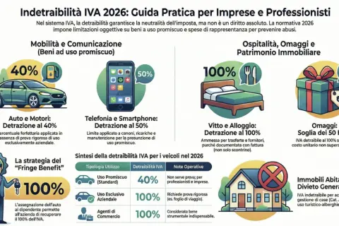 Guida IVA 2026: auto 40%, telefonia 50%, vitto/alloggio 100%. Omaggi sotto 50€ detraibili. Spese di rappresentanza con limiti.