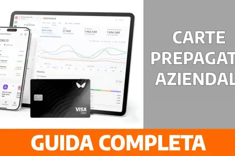 A black Visa debit card and a tablet displaying financial data and charts. Text reads "CARTE PREPAGATE AZIENDALI GUIDA COMPLETA".