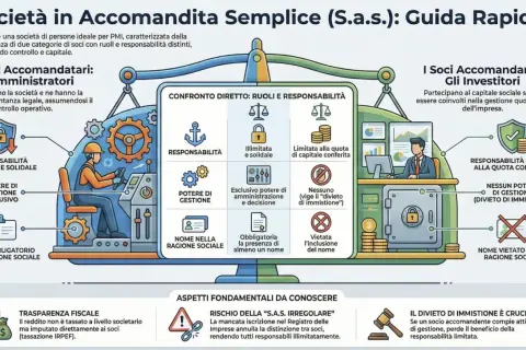 Schema che illustra la S.a.s. (società di persone) con ruoli e responsabilità distinti tra soci amministratori e investitori.