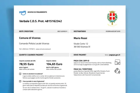 Avviso di pagamento per verbale C.D.S. del Comune di Vicenza. Ecco dove si possono pagare le multe: online, con app, banche, uffici postali, tabaccherie e altri esercizi convenzionati.
