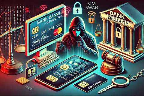 Illustrazione di un hacker che ruba dati bancari, con simboli di giustizia e sicurezza. Guida su come recuperare soldi truffati con bonifico.