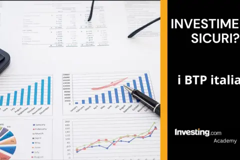 Grafici finanziari, calcolatrice e penna indicano come investire oggi nei BTP italiani per rendimenti sicuri.