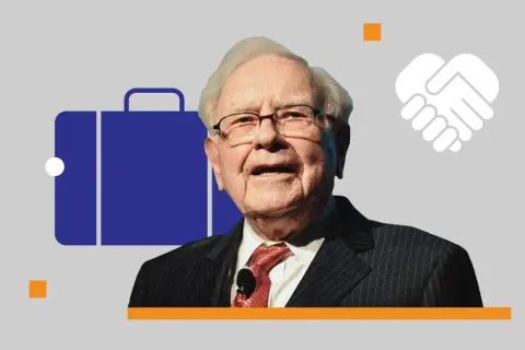 Warren Buffett, icona di investimenti, illustra il metodo Warren Buffett con simboli di valigetta e stretta di mano.