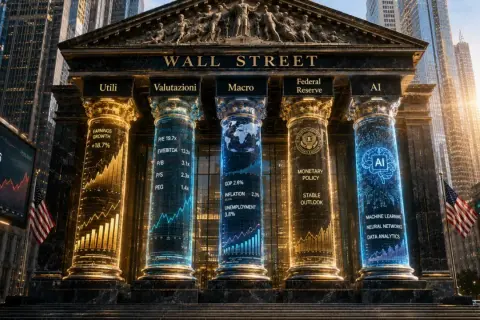 Il mercato americano oggi: la Borsa di Wall Street con colonne digitali che mostrano dati su utili, valutazioni, macroeconomia, Federal Reserve e AI.
