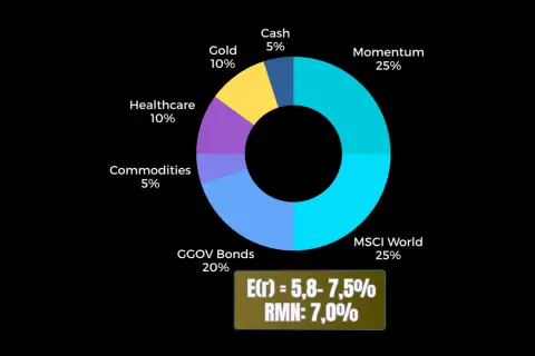 Grafico a torta che illustra la composizione di un pac azionario: MSCI World 25%, Momentum 25%, GGOV Bonds 20%, Healthcare 10%, Gold 10%, Commodities 5%, Cash 5%.